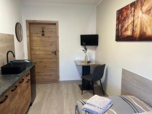 Kuchyň nebo kuchyňský kout v ubytování Pension am Görlitzbach