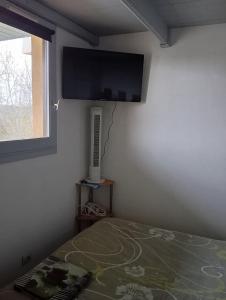 a bedroom with a bed with a flat screen tv on the wall at Le Charme des Barcarelles in Le Barcarès