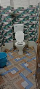 a bathroom with a toilet in a room with books at Mayapur Yatri Nivas in mayapur