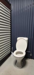 a white toilet in a room with a blue wall at One Life Live It Farm stay Retro VanStay in Dareton