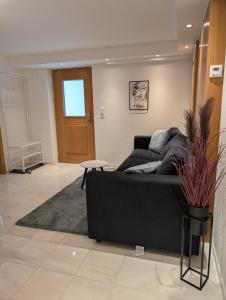 a living room with a black couch and a table at Renovierte Wohnung in 8903 Birmensdorf in Birmensdorf