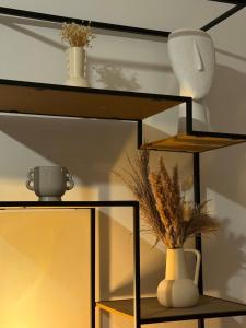 een plank met daarop twee vazen en een pot bij Le Monde des Dunes - T3 - Parking privé in Angers