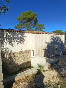 un edificio blanco con un árbol a un lado en Charmante maisonnette 1 chambre proche de Nîmes, en Caveirac