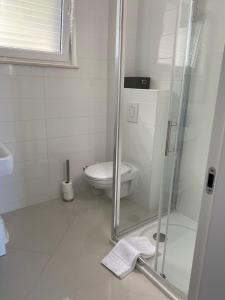 ein weißes Badezimmer mit Toilette und Dusche in der Unterkunft Villa Franka 1 in Brela + 6 Fotos