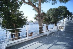 una fila de sillas blancas sentadas en un muelle junto al agua en Paddy's Loft The Lake view hostel, en Udaipur