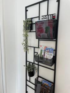 Appartement tout confort - Idéal pour les familles في فوجير: رف كتب أسود مع مجلات ونباتات