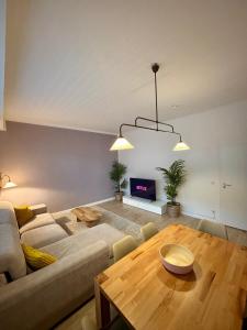 ブラウンシュヴァイクにあるEasyPark City Suiteのソファとテーブルのあるリビングルーム