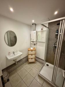 ブラウンシュヴァイクにあるEasyPark City Suiteの洗面台とシャワー付きのバスルーム