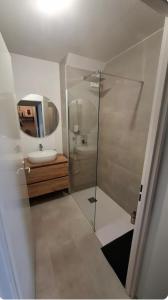 a bathroom with a glass shower and a sink at Appartement T3 - Relax aux portes des 24h du Mans in Le Mans