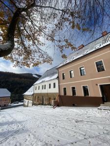 un edificio con nieve en el suelo delante de él en Apartmány Mikulov 45, en Mikulov v Krušných Horách