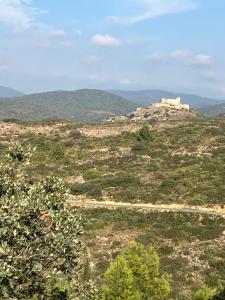 a view of a mountain with a castle on a hill at Chambre privée chez l'habitant, Les Maisons de Gaia in Tuchan +5 photos
