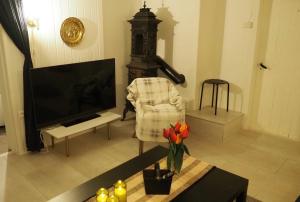 Μια τηλεόραση ή/και κέντρο ψυχαγωγίας στο Riverside Bliss - Cozy 1-Bedroom Apartment with Parking & WiFi near Tvedestrand