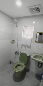 La salle de bains est pourvue de toilettes vertes et d'un lavabo. dans l'établissement Thai Nee Homestay, à Manille