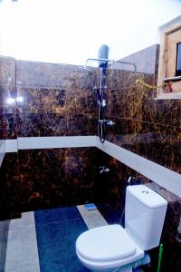 Un baño con inodoro y ducha de cristal. en Nirwana Villa, en Mirissa