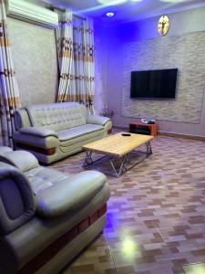 a living room with couches and a table and a tv at Cape Villa in Arusha +16 photos
