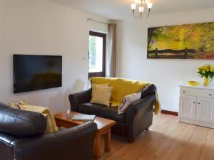 a living room with two couches and a tv at Discovery in Cheriton Bishop