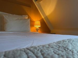a bedroom with a bed with a lamp next to it at B&B De Zandput in Balen