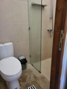 a bathroom with a toilet and a glass shower at Charming Balinese Holiday Home with private pool in lovina in Lovina