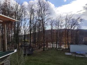 uma vista para um pátio com árvores e um edifício em Darázshegyi Panzió gluténmentes félpanzióval is em Mátraszentimre