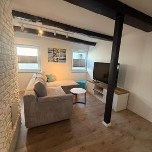 ein Wohnzimmer mit Sofa und Fernseher in der Unterkunft Ewelina's Fachwerk-Appartment 2 in Sundern + 22 Fotos
