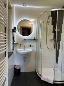 Dolní PodlužíにあるDům Na Výsluníの洗面台とシャワー付きのバスルーム