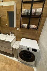a bathroom with a washing machine and a sink at Samaya Apartment in Litoměřice