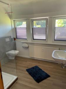 a bathroom with a sink and a toilet and two windows at Monteurzimmer - zwischen Hamburg & Lübeck in Todendorf +16 photos