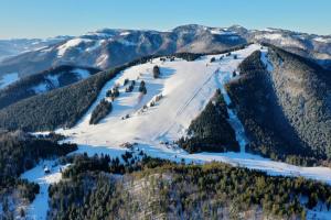 a ski slope on a mountain with snow and trees at Penzion Motyl in Bešeňová