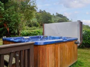a hot tub sitting on top of a wooden deck at Edw Lodge in Aberedw