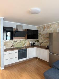 eine Küche mit Geräten aus Edelstahl und einer Steinwand in der Unterkunft Next to the Presidential Palace in Bratislava + 5 Fotos