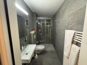a bathroom with a toilet and a sink and a shower at Hotel R5 Budget - Chur in Chur +11 photos