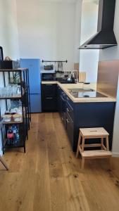 a kitchen with a stove and a wooden floor at Šumavská pohoda Zdíkovec 21 in Zdíkov