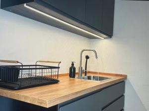 a kitchen with a sink and a counter top at Aegean green retreat in Kavala