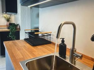 a kitchen sink with a soap dispenser on a counter at Aegean green retreat in Kavala