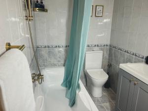 a bathroom with a toilet and a tub and a sink at Aegean green retreat in Kavala +9 photos