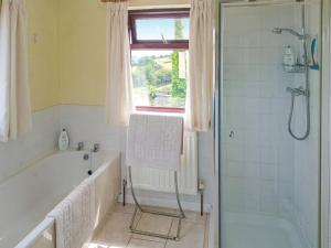 ein Badezimmer mit Badewanne und Dusche in der Unterkunft Vale View Cottage in Cinderford
