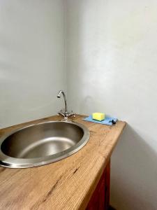 a silver sink in a wooden counter with a sponge at Colline Sainté Cottage in Port Alfred