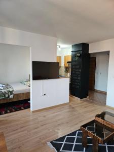 a living room with a bed and a white kitchen at Apartman Amigo-Free public parking in Sarajevo