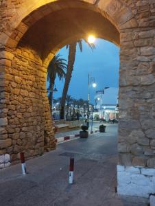 un mur de pierre avec une arche et un palmier dans l'établissement Casa youssef 2, à Assilah