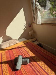 ein Schlafzimmer mit einem Bett mit zwei Hausschuhen und einem Fenster in der Unterkunft Chambre cozy, vue sur jardin, proche Tram centre ville & aéroport in Toulouse