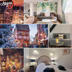 a collage of pictures of a hotel room with a christmas tree at Le Printemps 