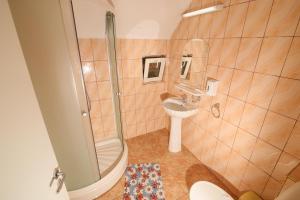 a bathroom with a shower and a toilet and a sink at Motel Cotul Donului in Predeal