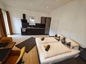 a living room with a couch and a television at HausTipTop in Flachau