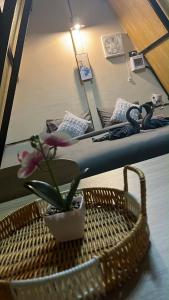 una habitación con dos camas y una cesta con una planta en Khaosok Campsite, en Khao Sok