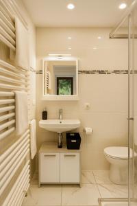 a white bathroom with a sink and a toilet at Modernes Apartment mit 180° Bergblick in Buchenberg +2 photos