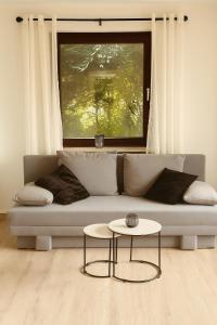 a living room with a couch and a table at Modernes Apartment mit 180° Bergblick in Buchenberg