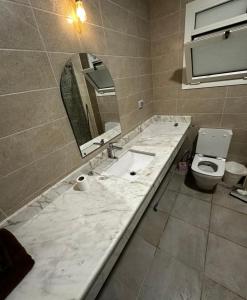 une salle de bain avec un lavabo, des toilettes et un miroir dans l'établissement Amer Group Villas and Chalets on the Pool, à Ain Sokhna