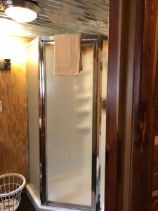 een douche met een handdoek ernaast bij Cozy Cabin Rental on Vineyard in Allen, Oklahoma in Allen