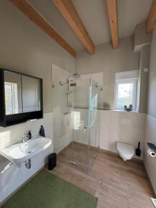 a bathroom with a glass shower and a sink at Ferienhaus Christa in Neukieritzsch +25 photos
