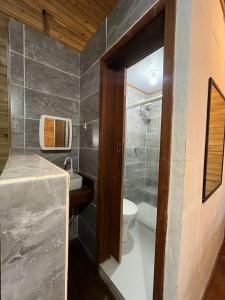 a bathroom with a toilet and a sink and a mirror at Voila Hostel in Florianópolis +51 photos